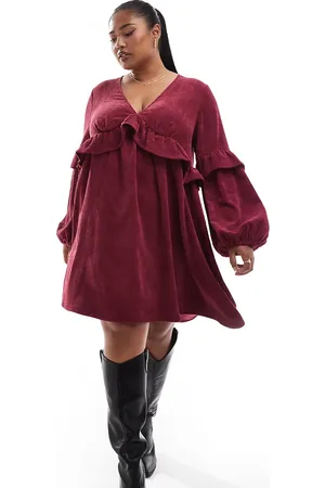 ASOS Vestido corto amplio con detalle de volantes de pana de ASOS DESIGN Curve-Rosa