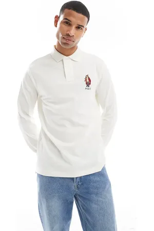 Ralph Lauren Polo clásico extragrande de manga larga con logo de oso navideño de piqué de - neutro