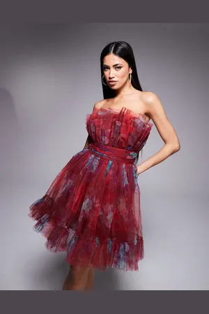 Lace & Beads Vestido corto burdeos con estampado floral y escote palabra de honor de tul de -Rojo