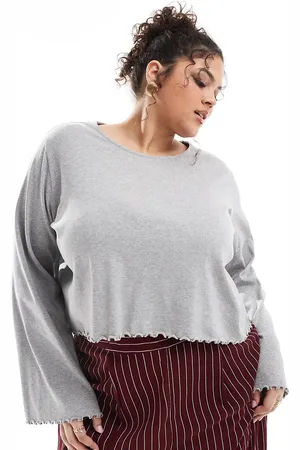 ASOS Camiseta gris jaspeado de manga larga con borde ondulado de ASOS DESIGN Curve