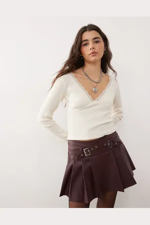 Miss Selfridge Top color de manga larga con ribete de encaje de -Blanco