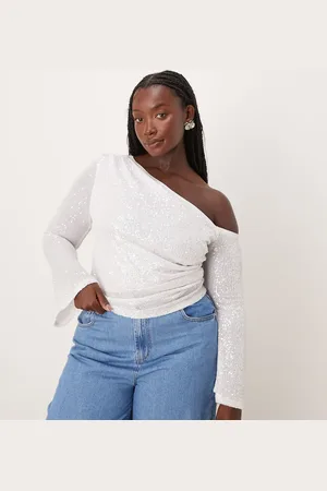 ASOS Top fruncido con cuello asimétrico de lentejuelas de ASOS DESIGN Curve