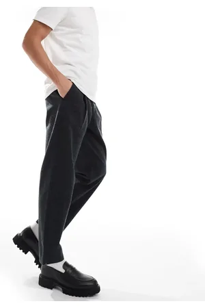 JACK & JONES Pantalones de vestir negros de corte tapered ancho de sarga de algodón de