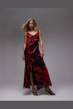 Topshop Vestido largo rojo y rosa de tirantes con estampado floral y volantes de