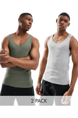 ASOS Pack de 2 camisetas de color caqui y gris jaspeado ajustadas de tirantes de canalé de