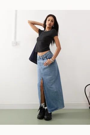Dr Denim Falda vaquera larga azul arroyo con lavado claro retro y abertura delantera Myra de