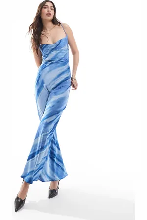 Object Vestido largo azul con estampado de cebra y espalda baja con tirantes cruzados de satén de