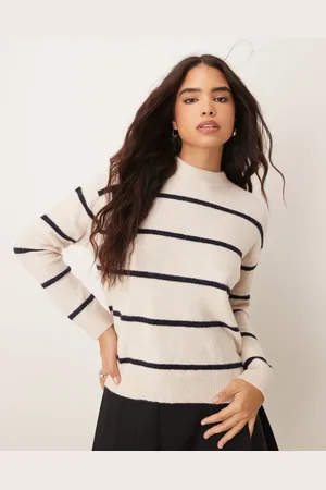 MANGO Jersey a rayas marrones con cuello alto de punto suave de