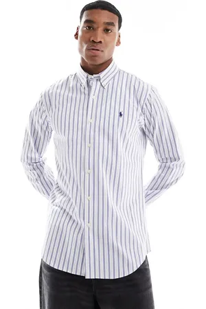 Ralph Lauren Camisa blanca a rayas azules variadas con logo de icono de popelina elástica de