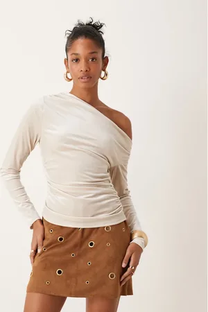 Abercrombie & Fitch Top color crema de manga larga con escote Bardot de terciopelo de -Blanco