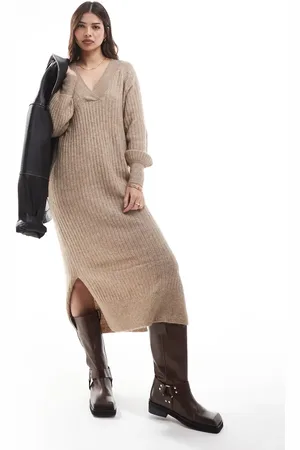 VERO MODA Vestido beis jaspeado estilo jersey extragrande de canalé suave de -Beis neutro