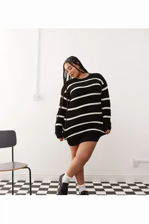Noisy May Vestido negro holgado a rayas color crema de punto de
