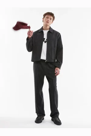Topman Pantalones de traje holgados de talle alto con raya diplomática de mezcla de lana premium de