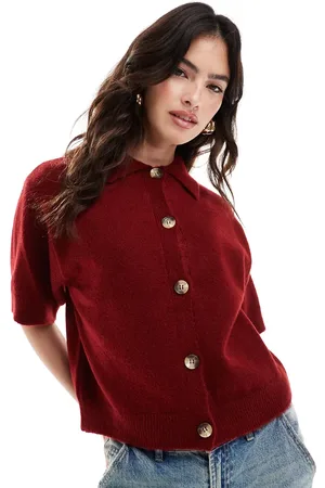 ASOS Cárdigan estilo camisa de manga corta con solapas de punto de -Rojo