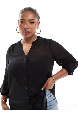 Yours Blusa negra traslúcida con muesca en el cuello de crepé de