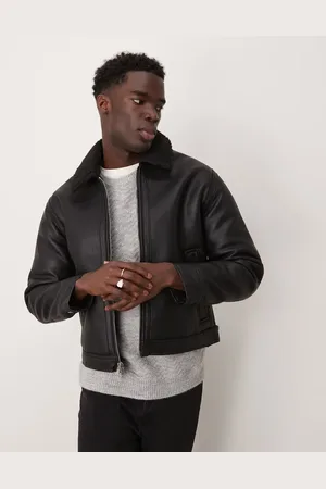 Abercrombie & Fitch Chaqueta negra de cuero sintético con forro de borreguito de