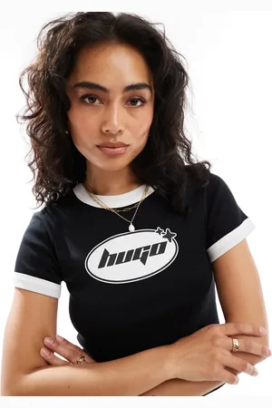 Hugo Blue Camiseta negra con diseño encogido y ribetes Dalia de