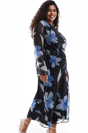 ASOS Vestido midi azul estampado de manga larga de chifón de ASOS DESIGN Curve-Multicolor
