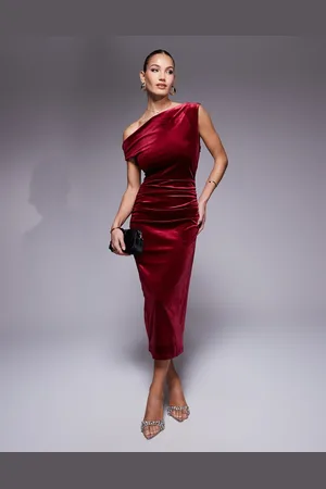 True Violet Vestido midi color con hombro drapeado de terciopelo de -Rojo