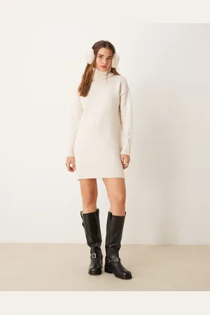 New Look Vestido corto color con cuello vuelto de punto de -Blanco