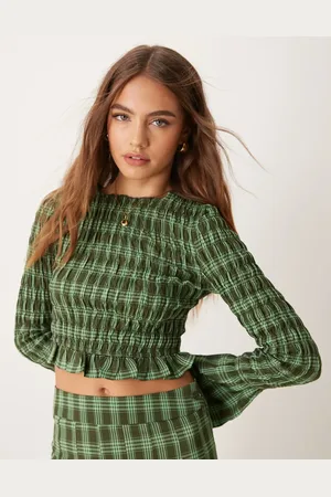 Glamorous Top corto marrón y verde a cuadros fruncido de (parte de un conjunto)