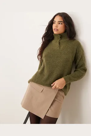 JDY Jersey con cuello alto y detalle de botones de punto de -Verde