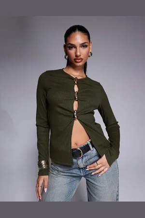 ASOS Top de manga larga de canalé con botones dorados de -Verde