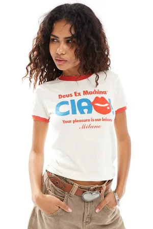 Deus Ex Machina Camiseta blanca con diseño encogido, estampado "Ciao" y ribetes exclusiva de x ASOS