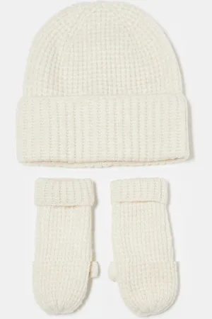 Pieces® Set de regalo de gorro y manoplas color de punto texturizado de -Blanco