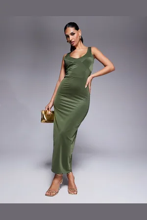 ASOS Vestido midi ajustado con cuello ancho y detalle en el cuerpo de punto de -Verde