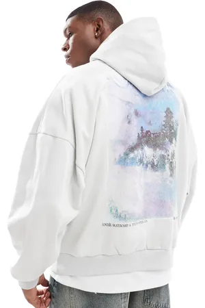 ASOS Sudadera gris ultragrande con capucha y estampado de montaña en la espalda de