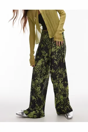 Topshop Pantalones verdes plisados de pernera ancha con estampado floral abstracto de