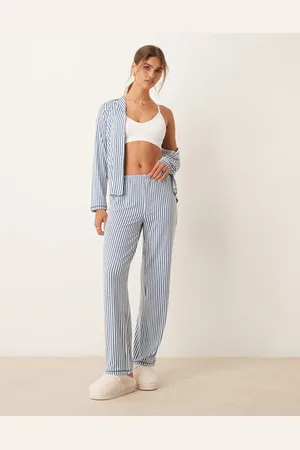 Urban Threads Pijama azul a rayas de pantalones y top de manga larga con solapas de