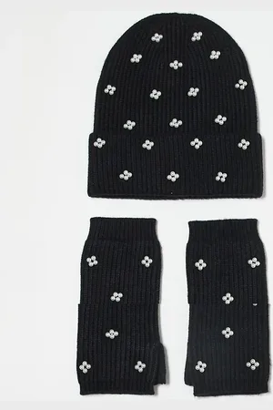 Pieces® Set de regalo de gorro y calentadores de manos negros con detalle de perlas de