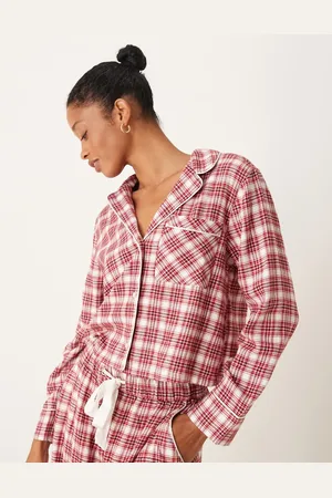 Abercrombie & Fitch Camisa de pijama corta a cuadros escoceses rojos y verdes de (parte de un conjunto)