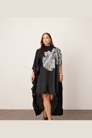 ASOS Vestido midi extragrande con bajo asimétrico, cuello alto y bordado floral de Curve
