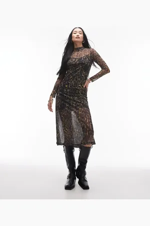 AllSaints Vestido midi con estampado de leopardo de malla Hanna de -Marrón
