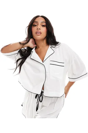 ASOS Camisa de pijama corta blanca elegante con ribetes en contraste de tejido muy suave de ASOS DESIGN Curve