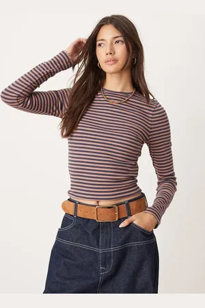 Miss Selfridge Top a rayas azul marino y marrones de manga larga con cuello redondo de canalé de -Multicolor
