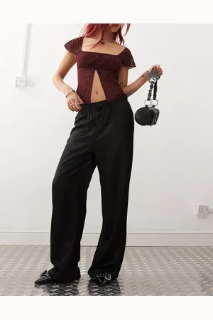Monki Pantalones negros de pernera ancha con cordón ajustable de satén de