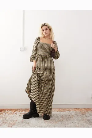 Daisy Street Vestido largo a cuadros negros y beis fruncido de
