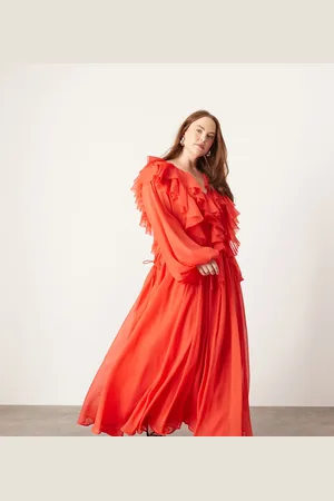 ASOS Vestido largo con volantes, bordes sin rematar y cordón ajustable en la cintura de chifón de Curve-Multicolor