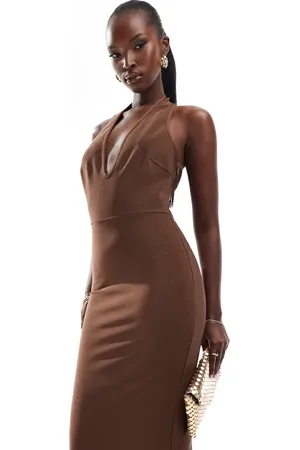 ASOS Vestido midi marrón ajustado con cuello halter ancho escotado de