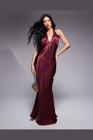 ASOS Vestido largo con cuello halter y lazada delantera de satén de -Rojo