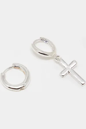 JACK & JONES Pack de 2 pendientes de aro con colgante de cruz chapados en plata de