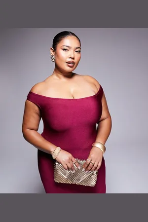 ASOS Vestido midi rojo cereza ajustado con escote Bardot de ASOS DESIGN Curve