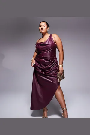ASOS Vestido midi asimétrico de tirantes con diseño cruzado y drapeado de poliuretano de ASOS DESIGN Curve-Rojo