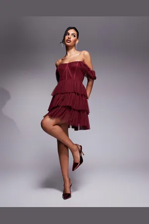 Lace & Beads Vestido corto con detalles tipo corsé y escote Bardot de tul de -Rojo
