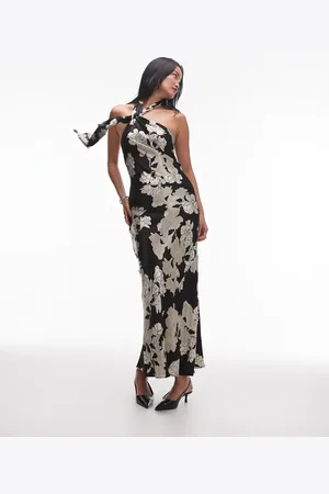 Topshop Vestido negro con estampado floral color y cuello halter anudado de -Blanco