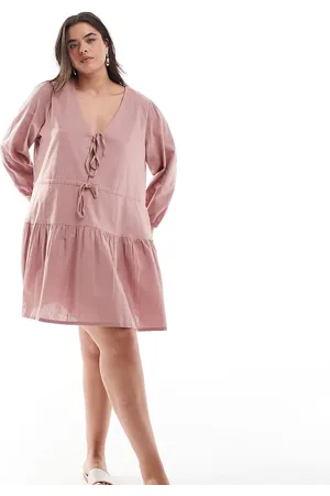 Esmée Vestido playero corto color escalonado de manga larga con lazada delantera de mezcla de lino exclusivo de Esmée Curve-Beis neutro